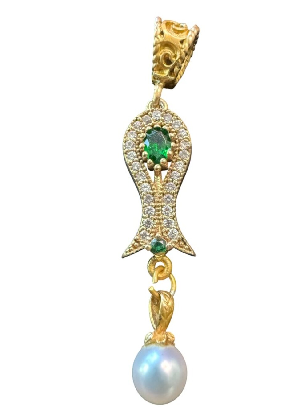 Vintage Gold-Tone Pendant Green Stones & Faux Pearl Drop Style